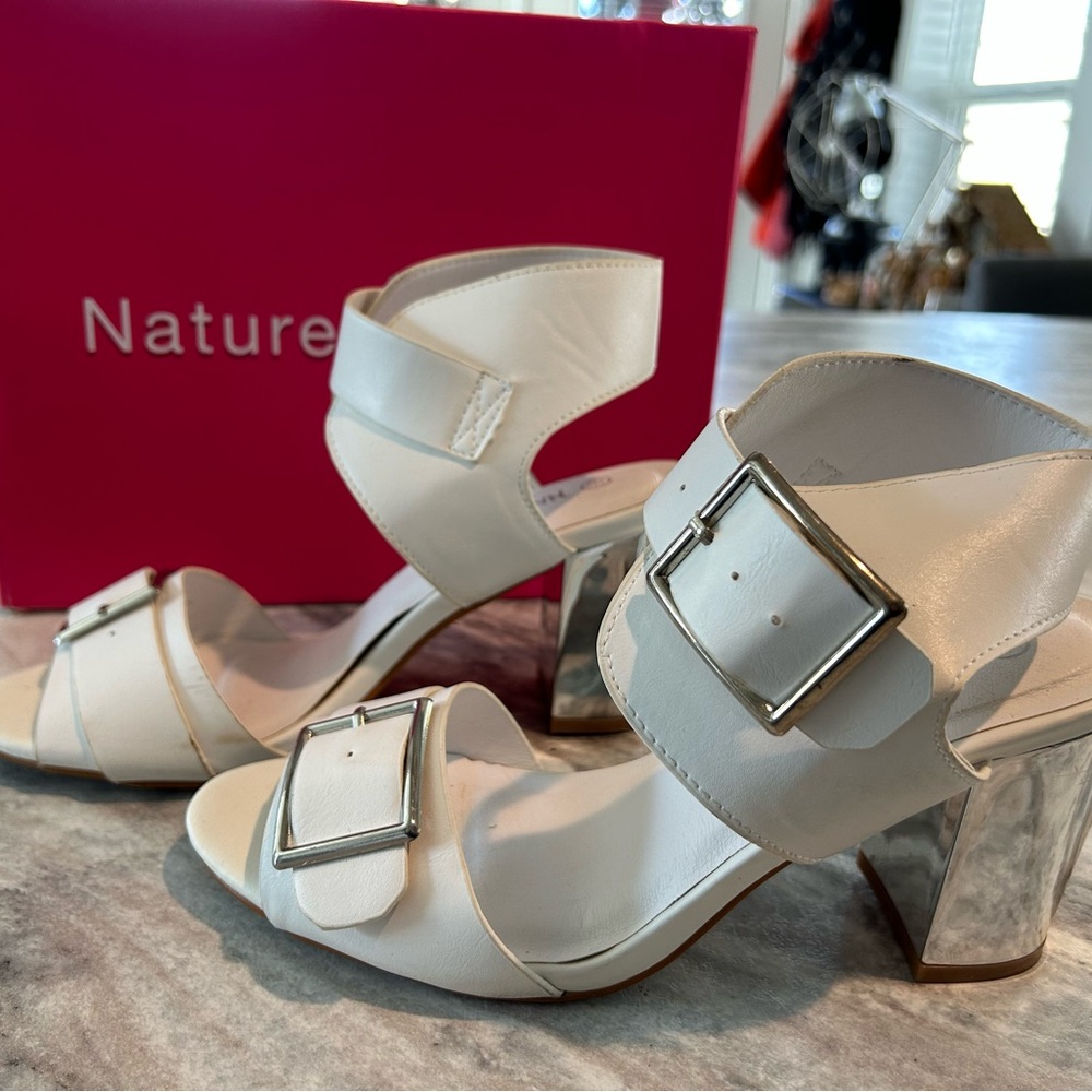 White Women's Sandals with Silver Heel Accent size 6.5